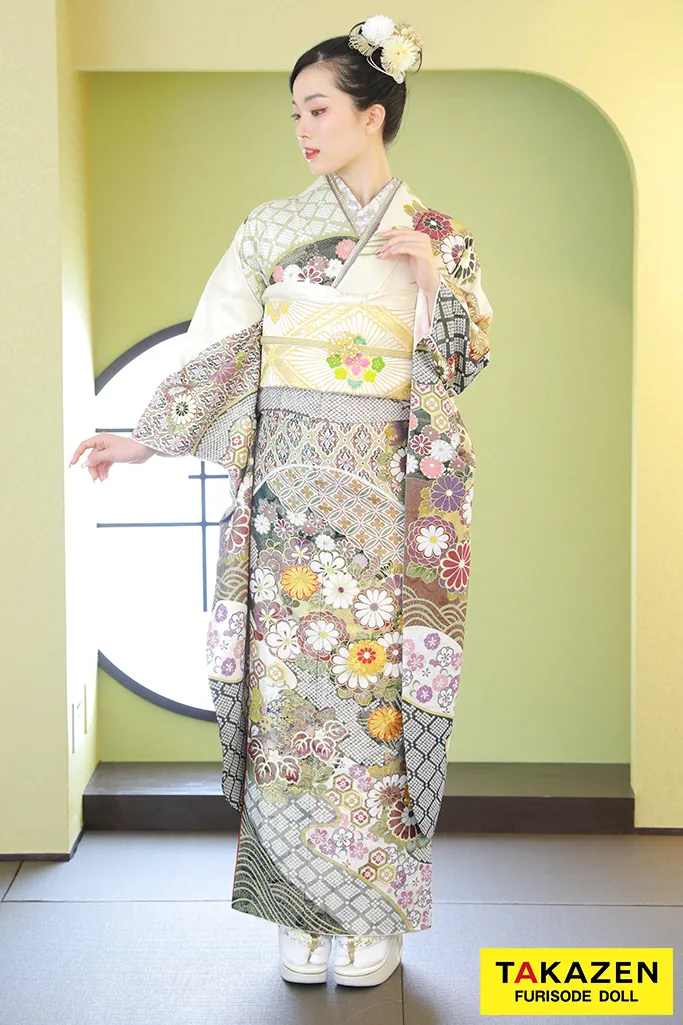 プレミアム古典 くすみグリーン/ニュアンスカラー ねじり菊 ラメ入り