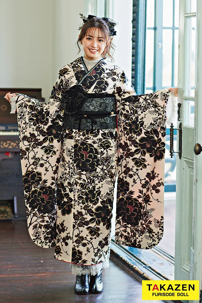 くすみカラーレトロ ベージュ/ブラウン 牡丹柄 大正ロマン