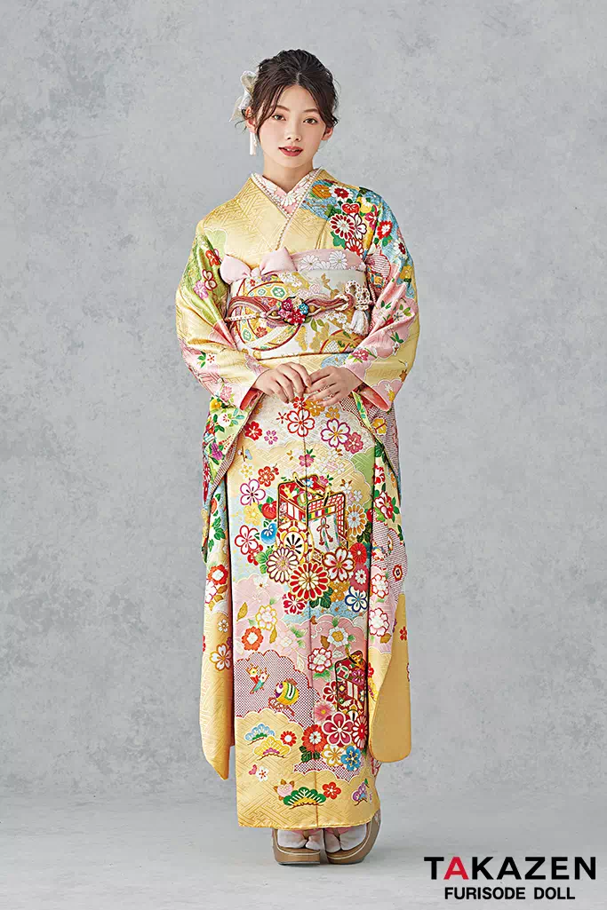 最高級古典柄振袖 吉澤織物/文楽/人間国宝吉田簑助 白/ピンクベージュ