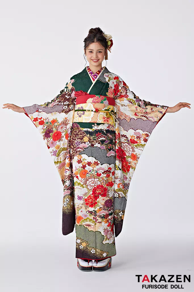 正統派古典 緑/赤 鼓/牡丹柄 柄小さめ 低身長さんにおすすめ 清楚 唐