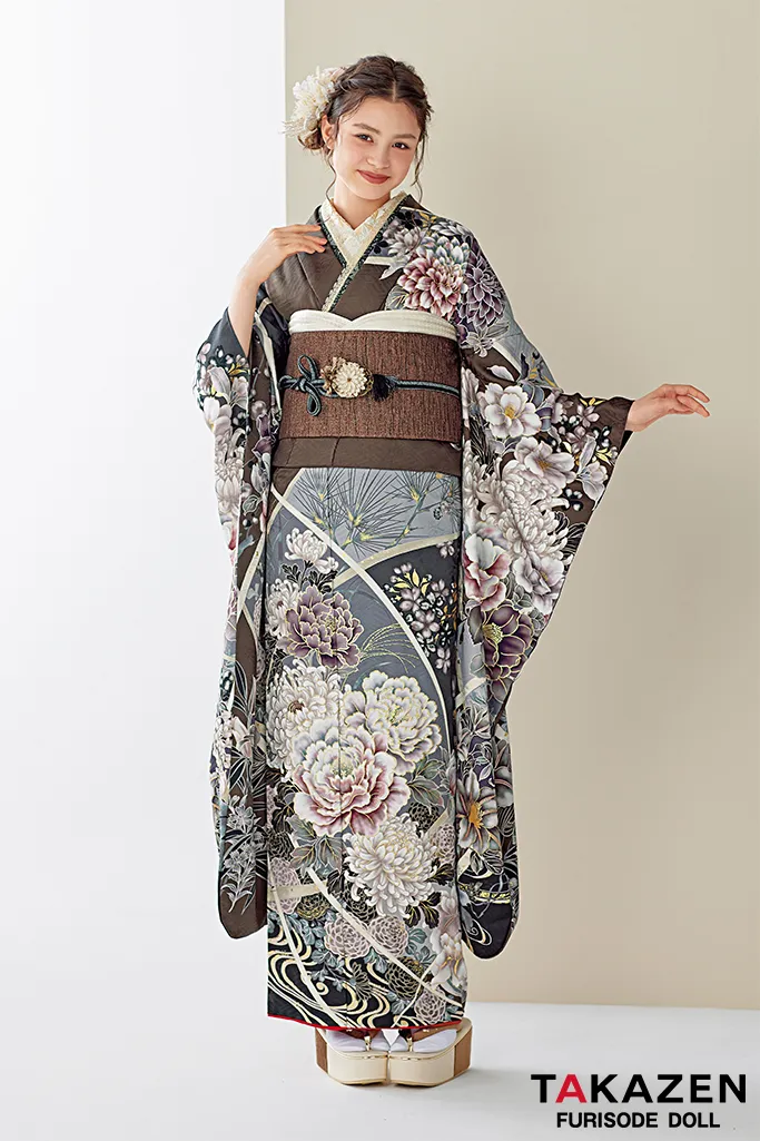 くすみカラー古典 グレー/ブラウン/ダスティーカラー 牡丹柄 大人っ