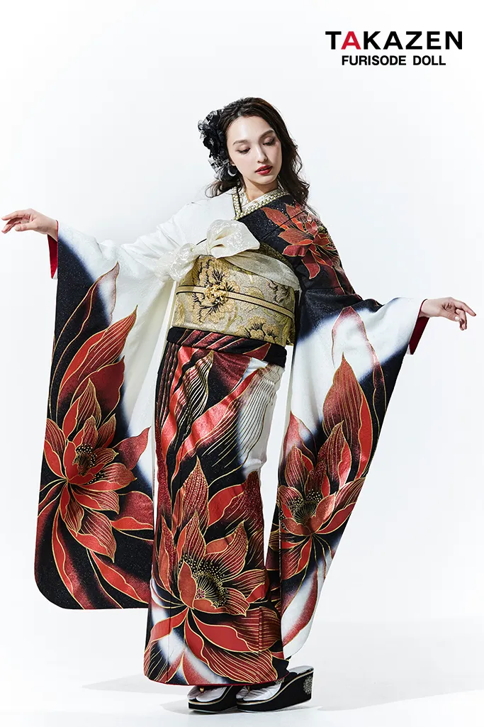 モード系 赤/白/黒 大柄/牡丹柄 かっこいい セクシー キラキラ振袖