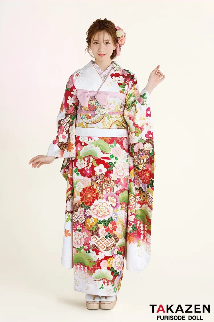 正統派古典 白/赤 御所車柄/牡丹柄 吉澤織物/最高級金彩手描友禅 お