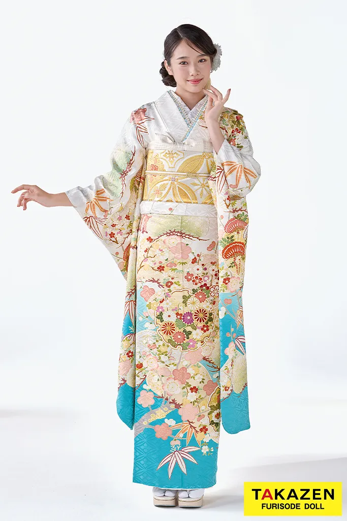 最高級古典柄振袖 関芳/最高級金彩刺繍絞り友禅 白/ボルドー 藤/桜/菊