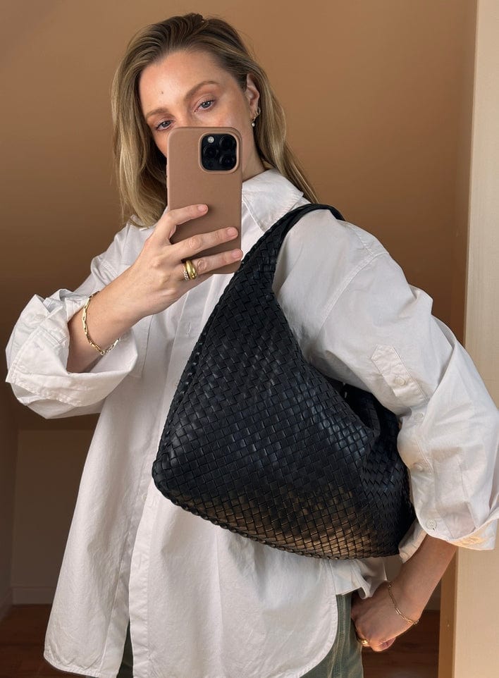 Vintage Bottega Veneta Black Intrecciato Leather Hobo Shoulder Bag