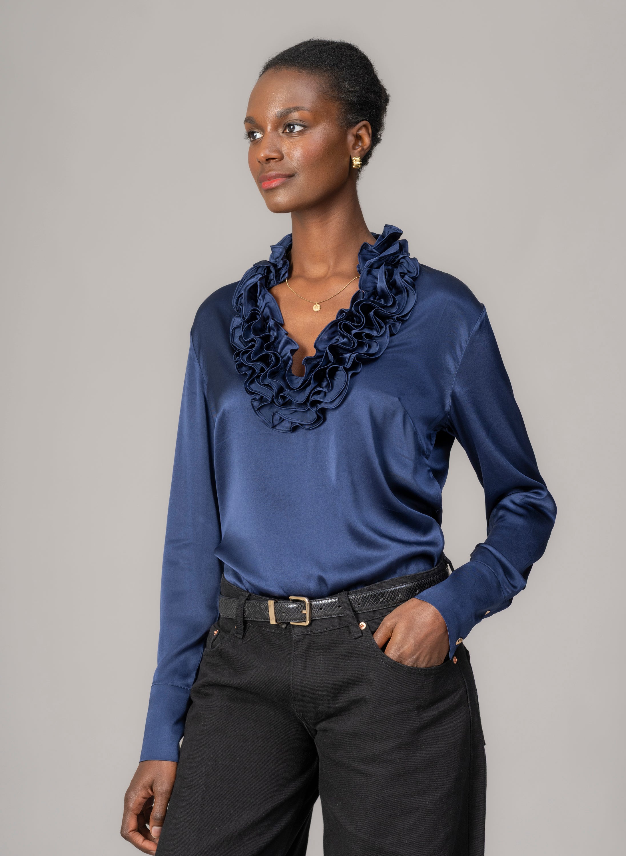 Constance Regular Fit Ruffle Collar Blouse In Sapphire Silk Satin