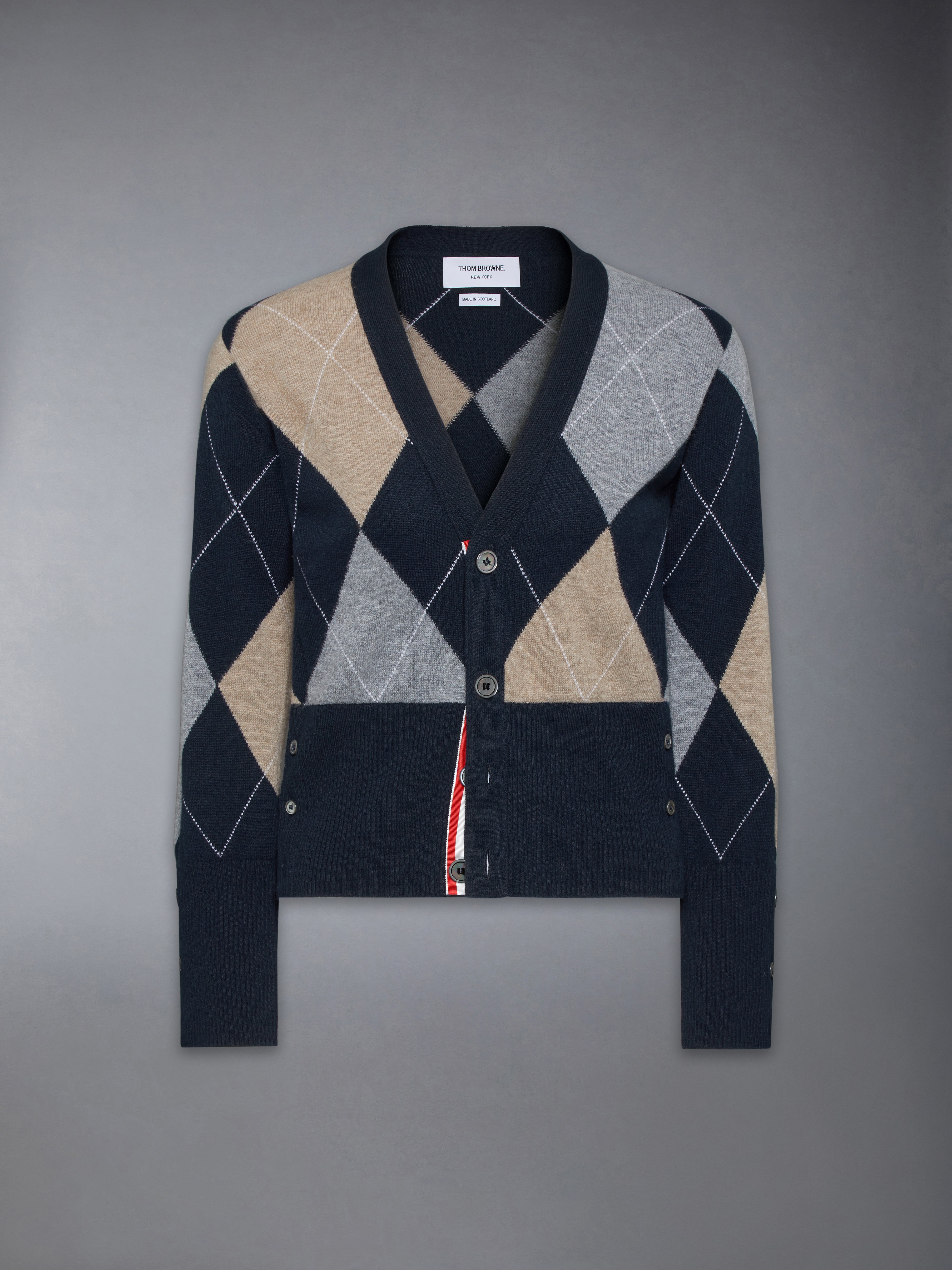Argyle Intarsia Cashmere V Neck Cardigan | Thom Browne