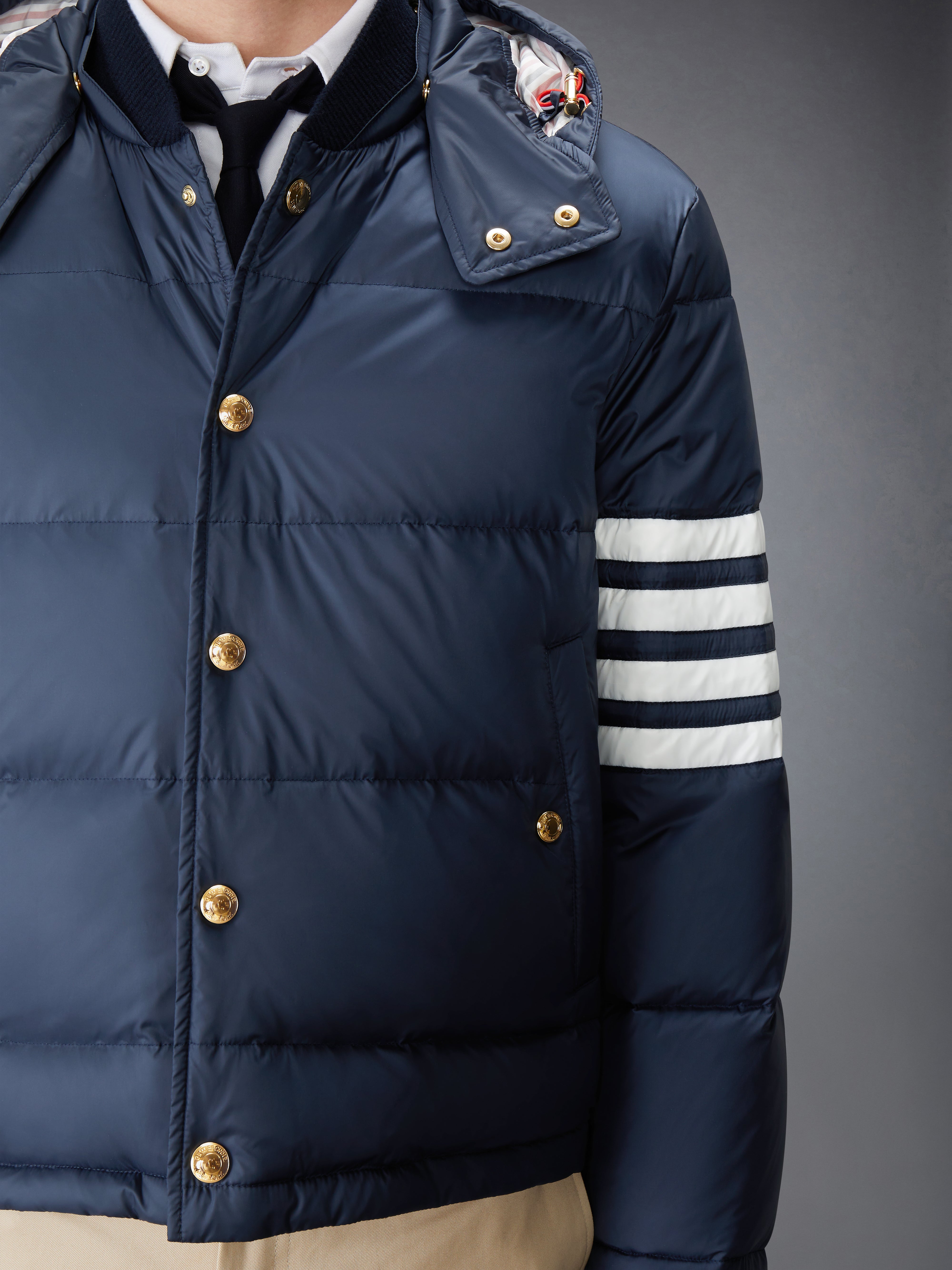 Matte Finish Nylon Down Fill 4 Bar Hood Bomber | Thom Browne