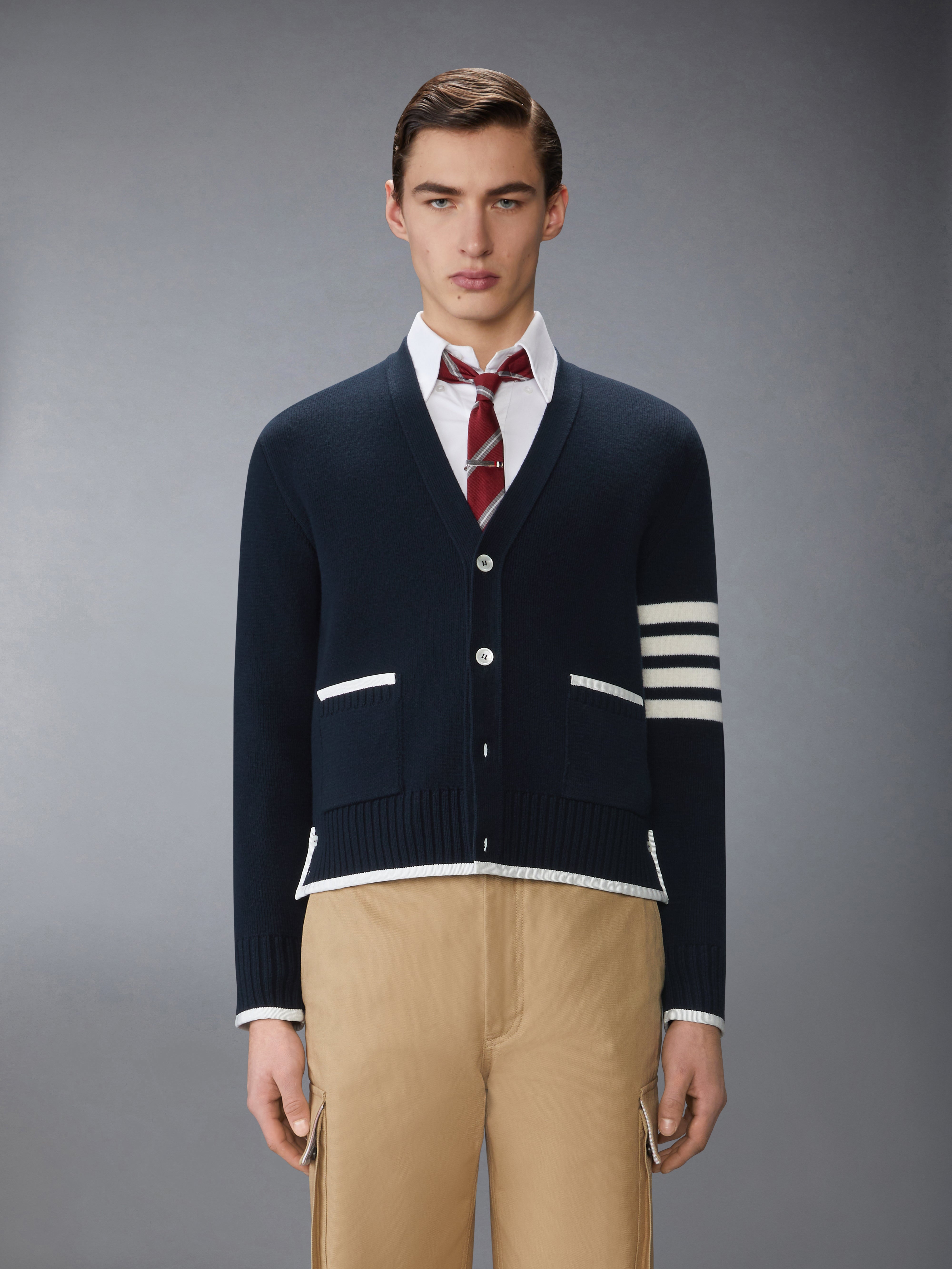 Milano Stitch Merino Wool 4-Bar V Neck Cardigan | Thom Browne