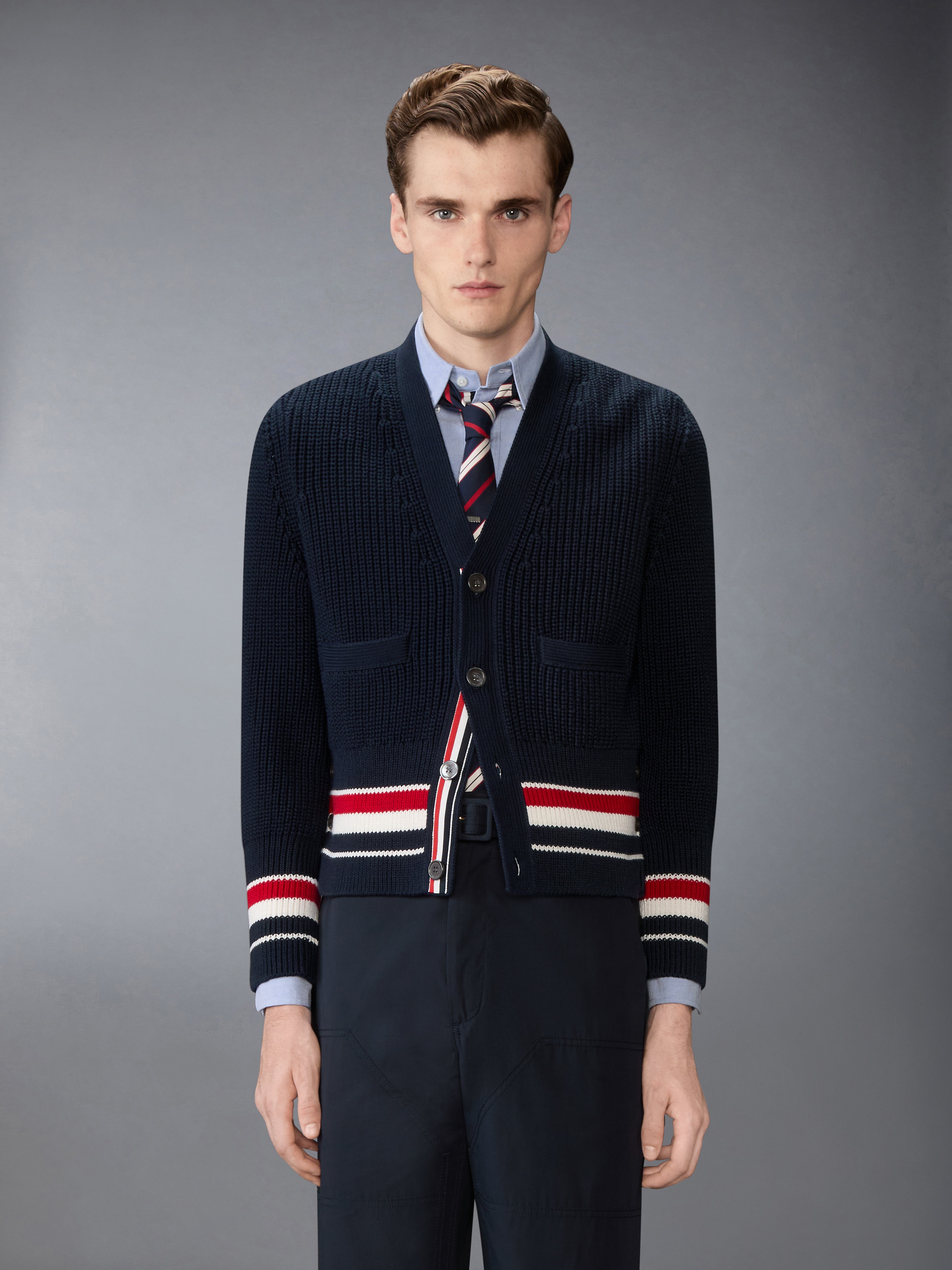 Half Cardigan Stitch Cotton Rwb Cardigan | Thom Browne