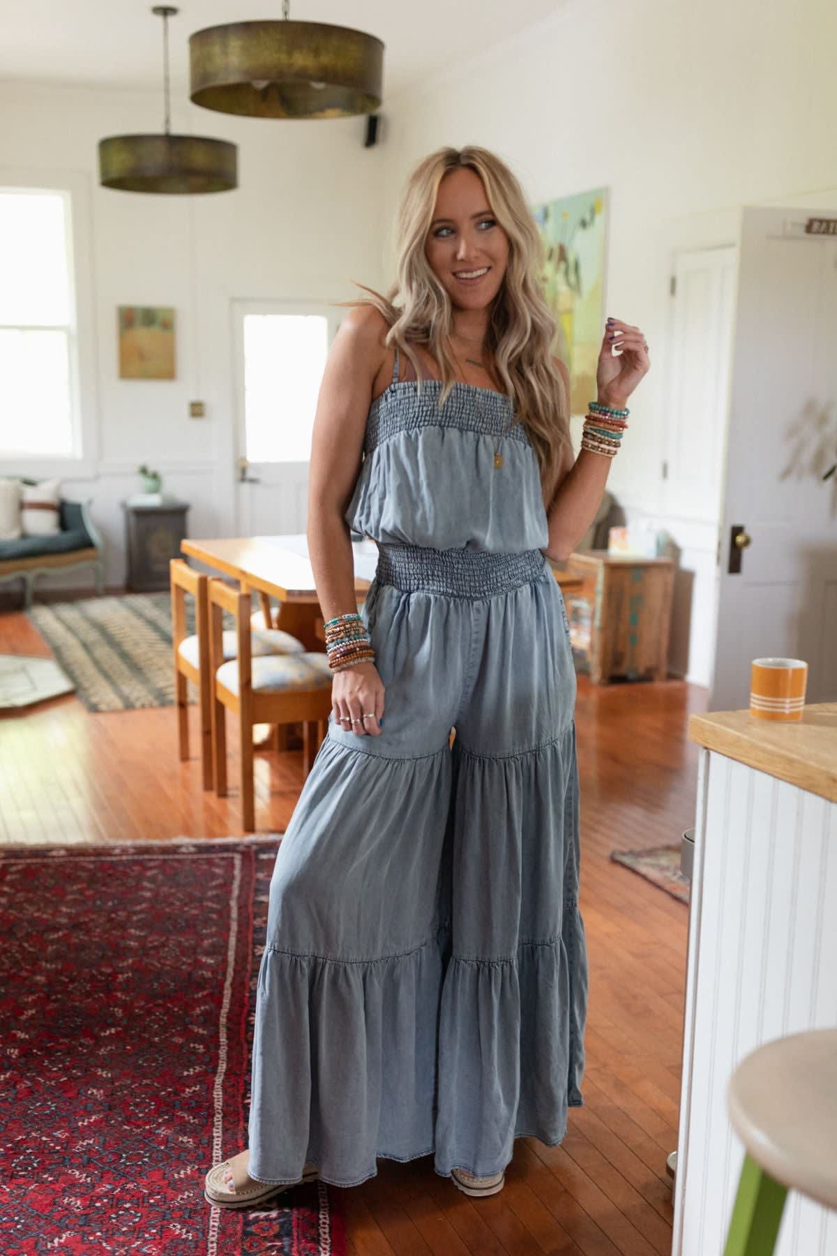 Harlow Wide Leg Chambray Jumpsuit — Three Bird Nest