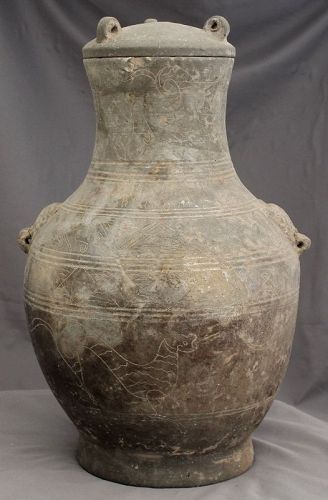 Chinese Han Dynasty Lidded Pottery Hu-form Jar Animals Taotie