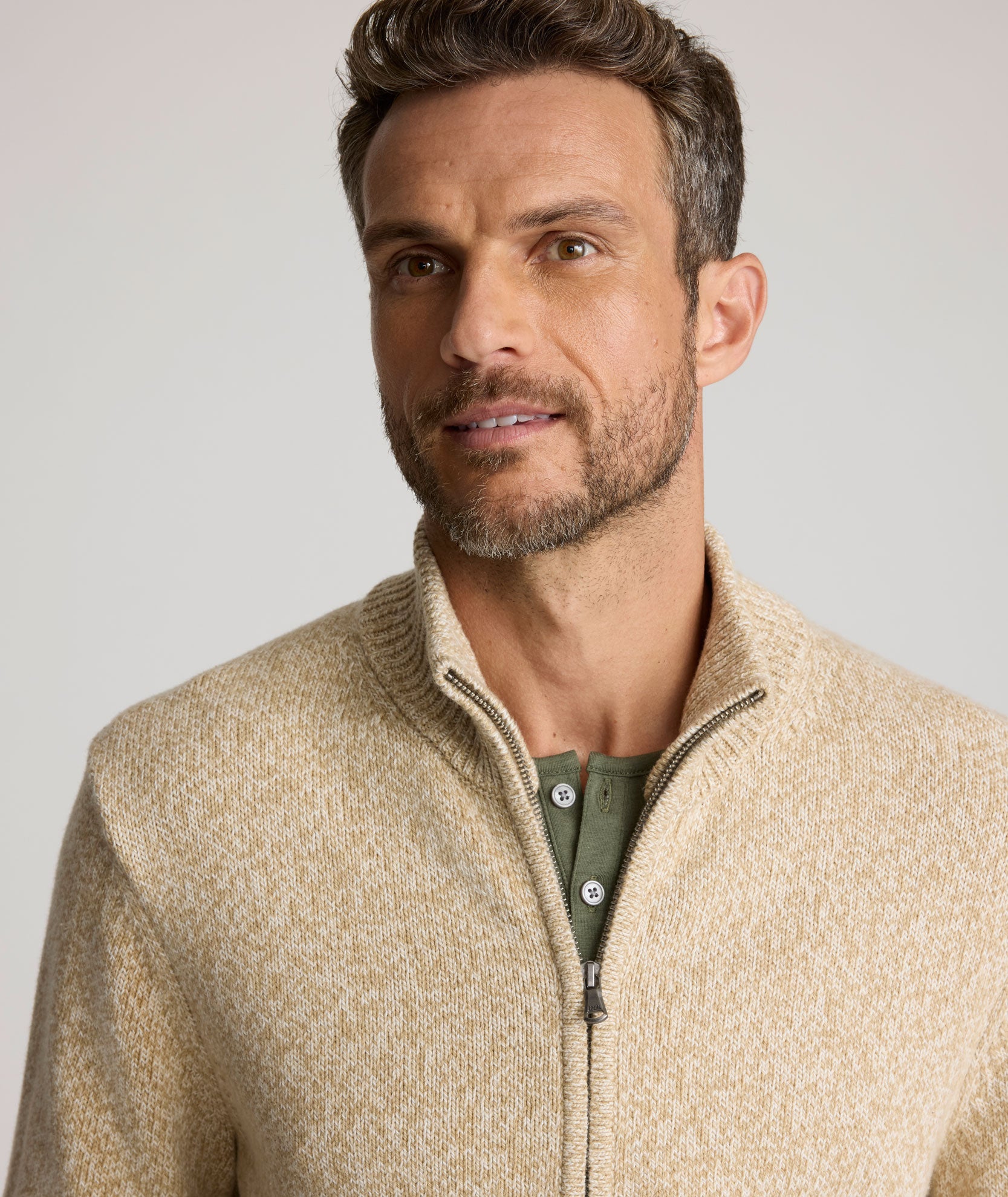 Ribbed Cotton Full-Zip Cardigan Tan | UNTUCKit