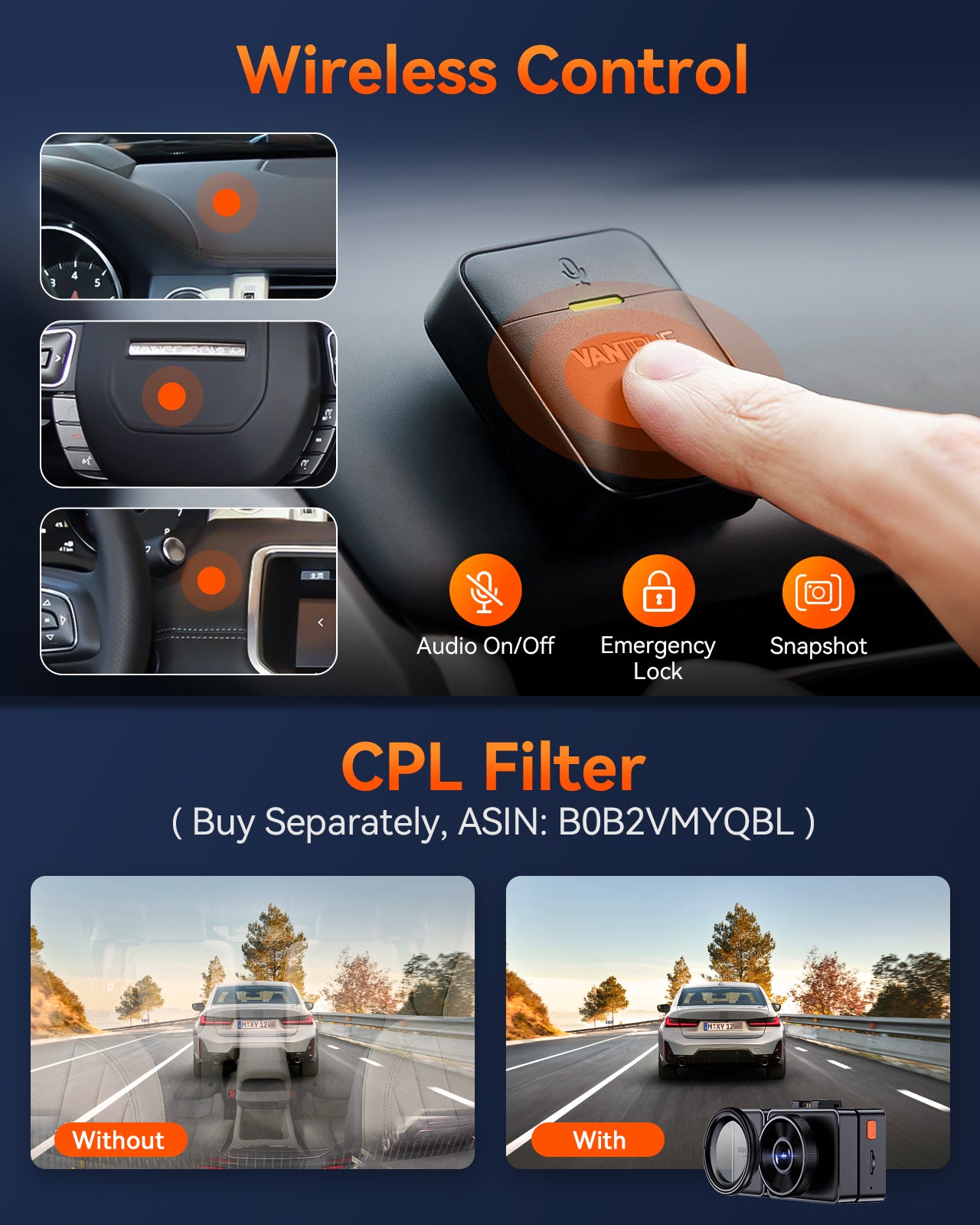 Vantrue E3 3 Channel 2.5K Dash Cam – WiFi, GPS, Voice Control, HDR
