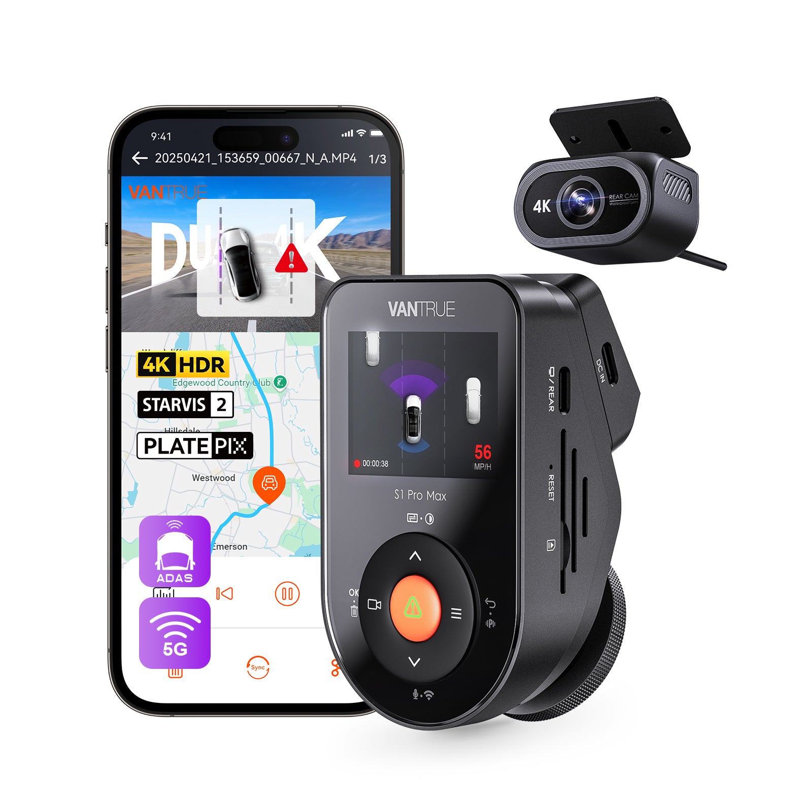 Vantrue S1 Pro Max 4K Dual Dash Cam with AI, Cloud, GPS, Night