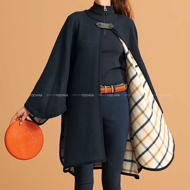 HERMES エルメス ポンチョ リバーシブル ボタン付 カマイユ ネイビー