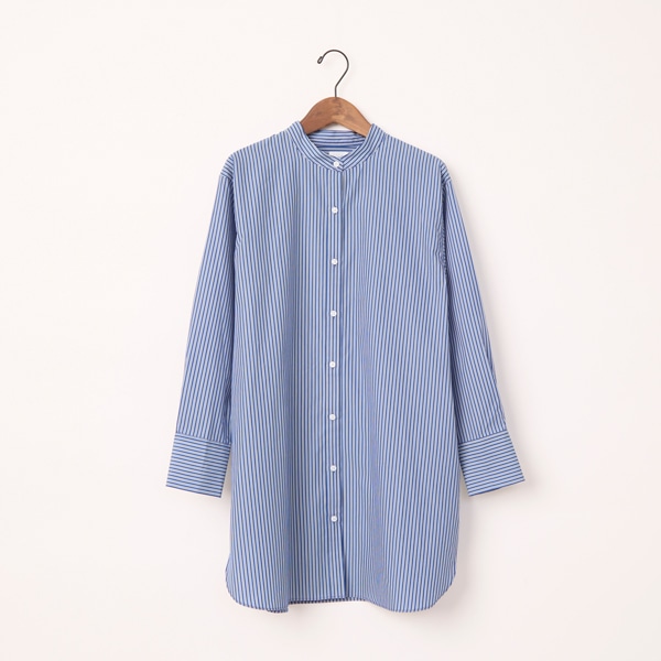 ストライプバンドカラーロングシャツ(ネイビー)｜SALE（ファッション