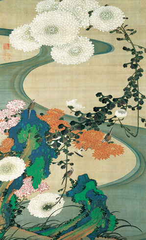 有名作家の掛け軸 伊藤若冲作 菊花流水図