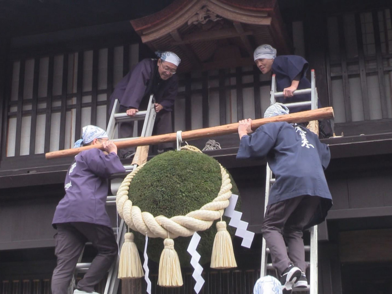 岐阜県飛騨市の造り酒屋 新酒の完成告げる 杉玉の掛け替え 「初々しく