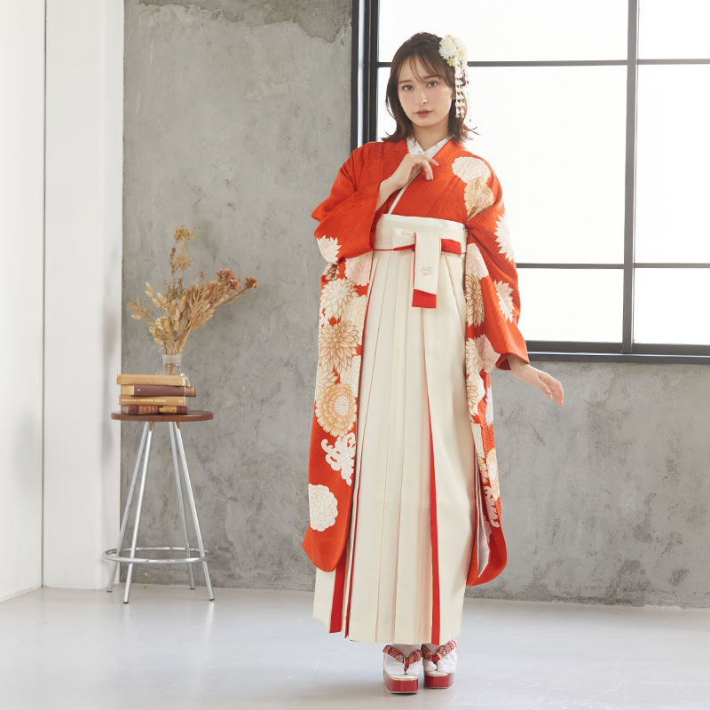 振袖袴： R876 朱色 絢爛菊華☆(絹)│ 袴レンタル │ 京都着物レンタル夢館