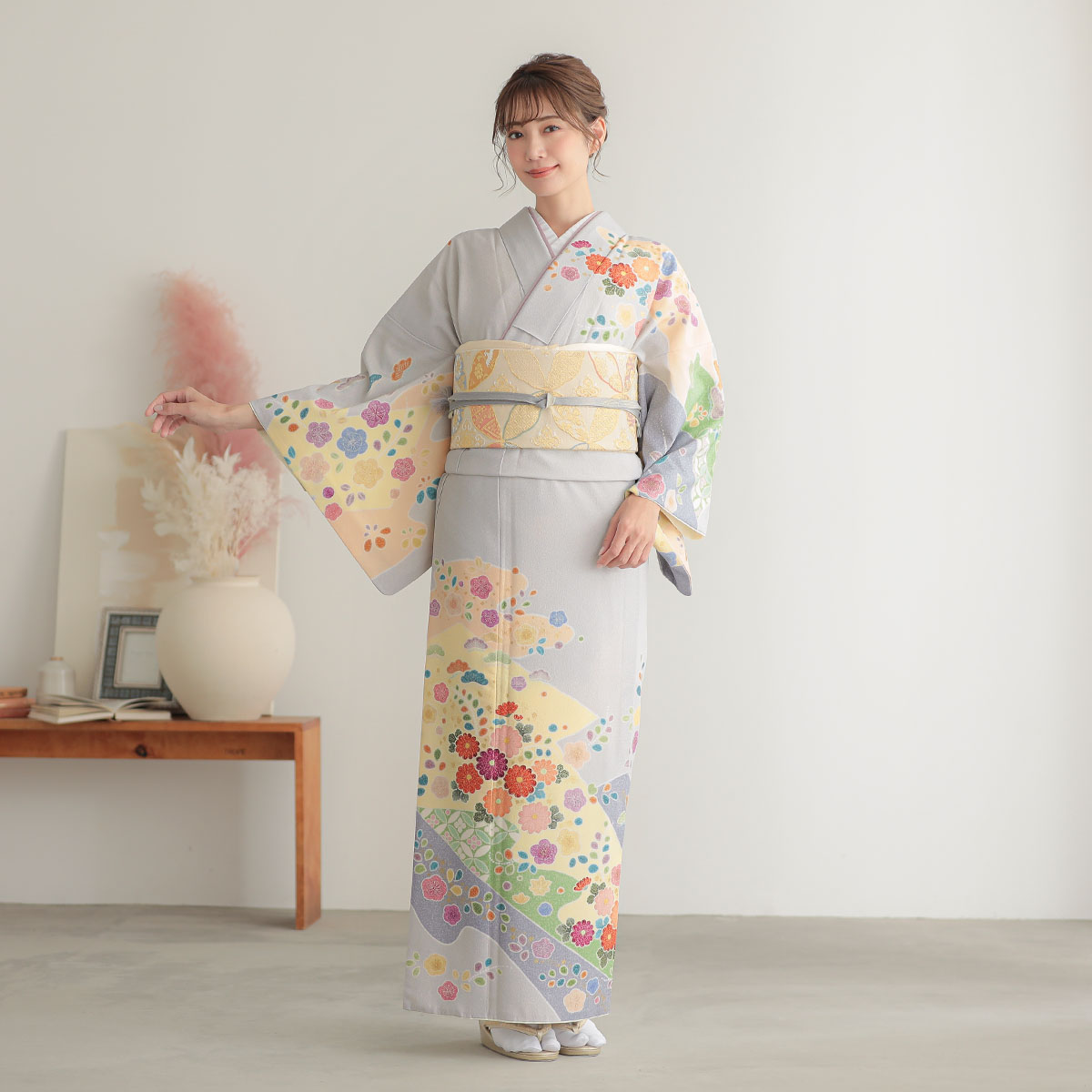 訪問着：H1023 ジャパンスタイル グレー 辻が花風吉祥花柄(H1024