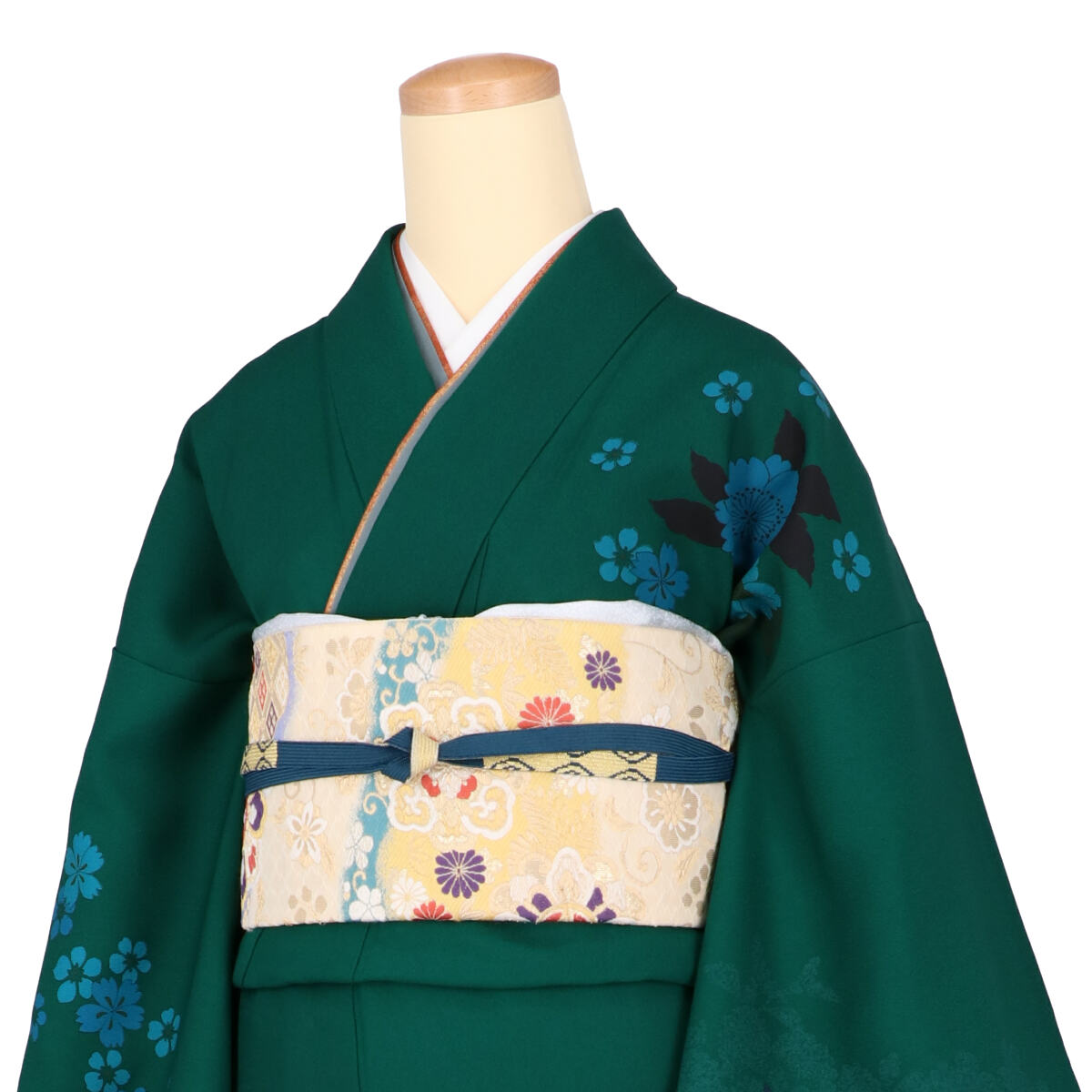 訪問着：H1141 深緑 牡丹に八重桜| 訪問着レンタル │ 京都着物