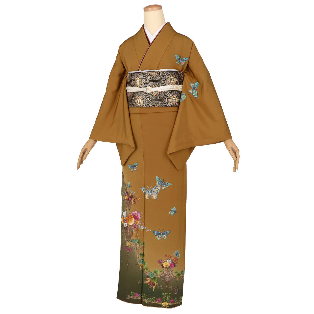 訪問着：H1126 金茶 抹茶ぼかし あげは蝶に花々| 訪問着レンタル