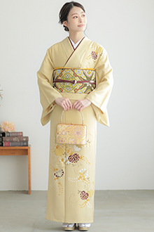 訪問着：H982 薄黄赤 葵柄| 訪問着レンタル │ 京都着物レンタル夢館