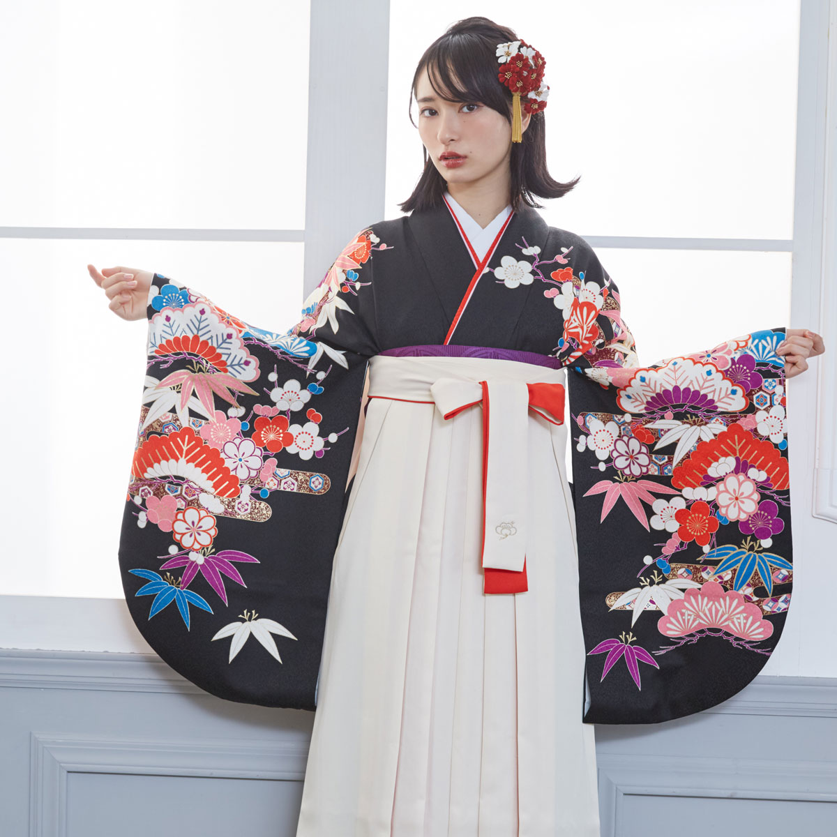 二尺袖袴：G608 黒 霞に松竹梅│ 袴レンタル │ 京都着物レンタル夢館