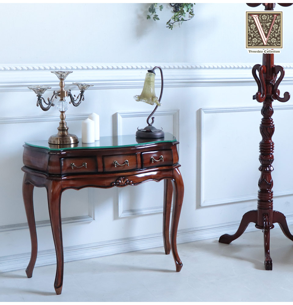天板革張りコンソール ブラウン｜高級マホガニー家具VENECHIA