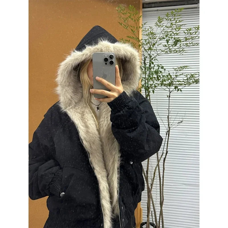 Y2K Faux Fur Outlined Hooded Zip Up Jacket Coat