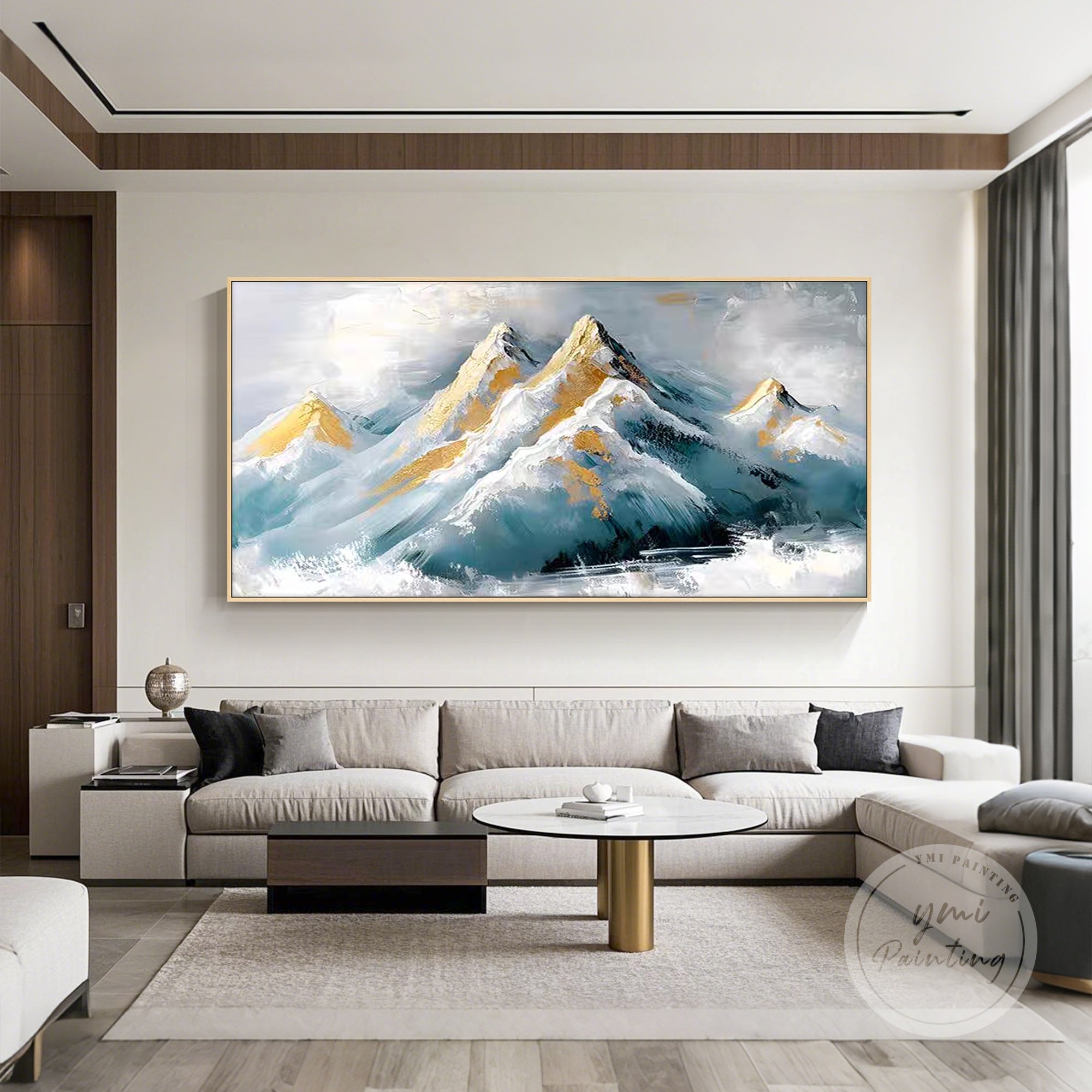 Large Dusty Blue-Gray Gold Mountain Triptych | Textured Wall Art