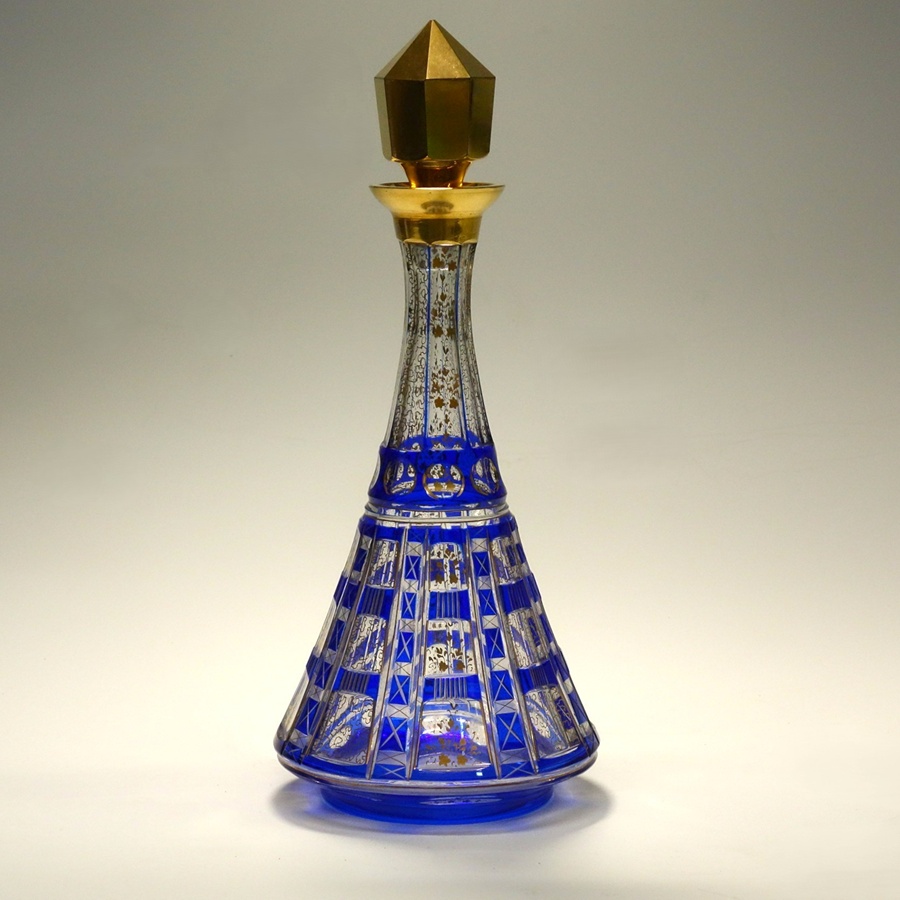 モーゼル 金彩エナメル彩色 ブルーカットデキャンタ付グラス6客セット