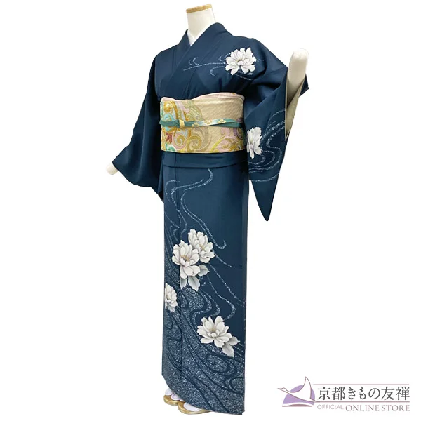 a2211203】【レンタル】訪問着 フルセット グレイッシュネイビー 作家