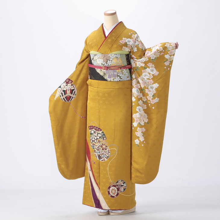 f0424099】【からし・黄系】振袖 販売 フルセット Mサイズ 【中古