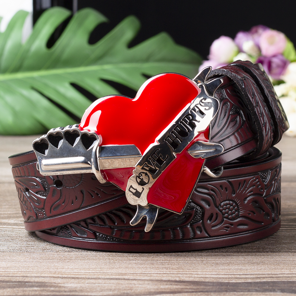 Love Hurts Buckle Sword and Red Heart for Women Fashion Embossed