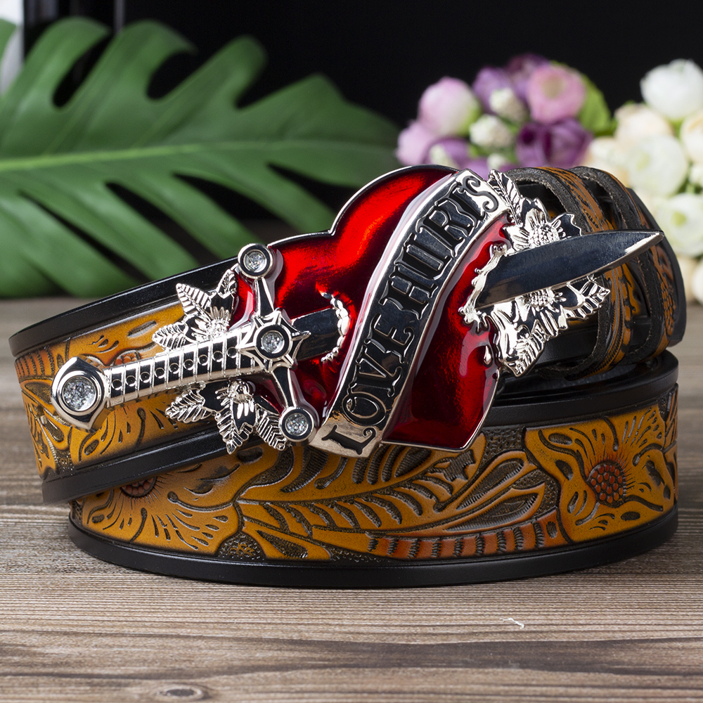 Love Hurts Buckle Sword and Red Heart for Women Fashion Embossed