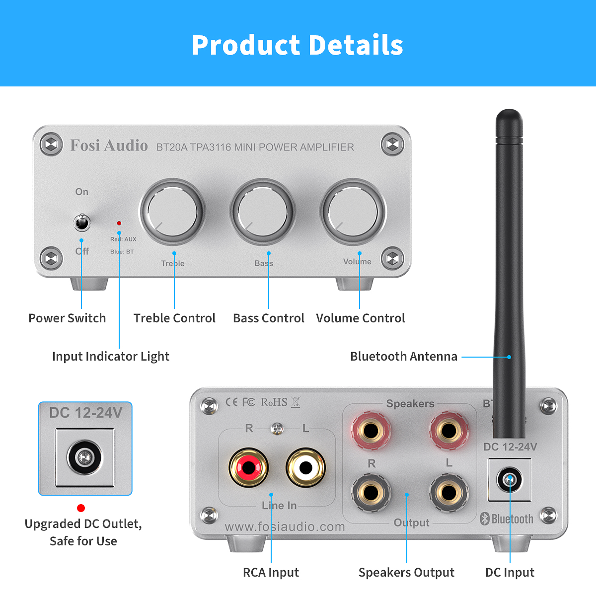 Fosi Audio BT20A Bluetooth TPA3116D2 Sound Power Amplifier 100W