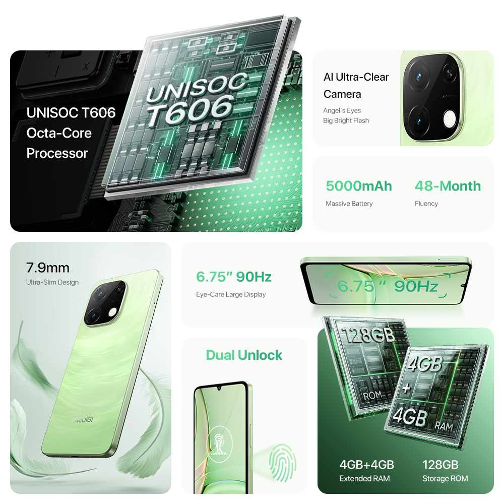 UMIDIGI G9T,4GB + 128GB,Android 14,Octa-Core,5000mAh,13 MP AI