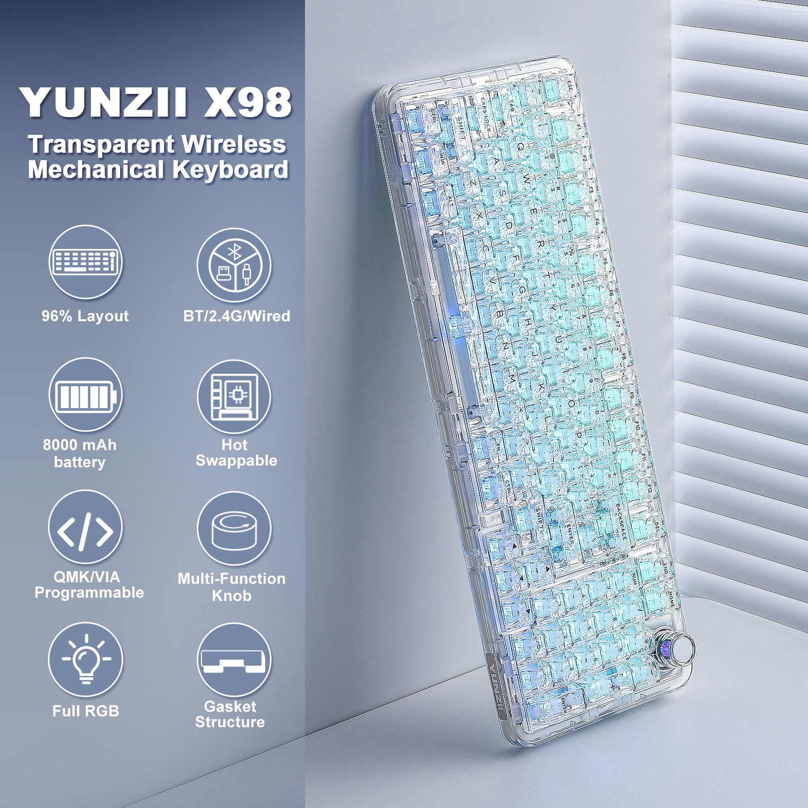 YUNZII X98 ホワイト透明メカニカルゲーミングキーボード、ワイヤレス