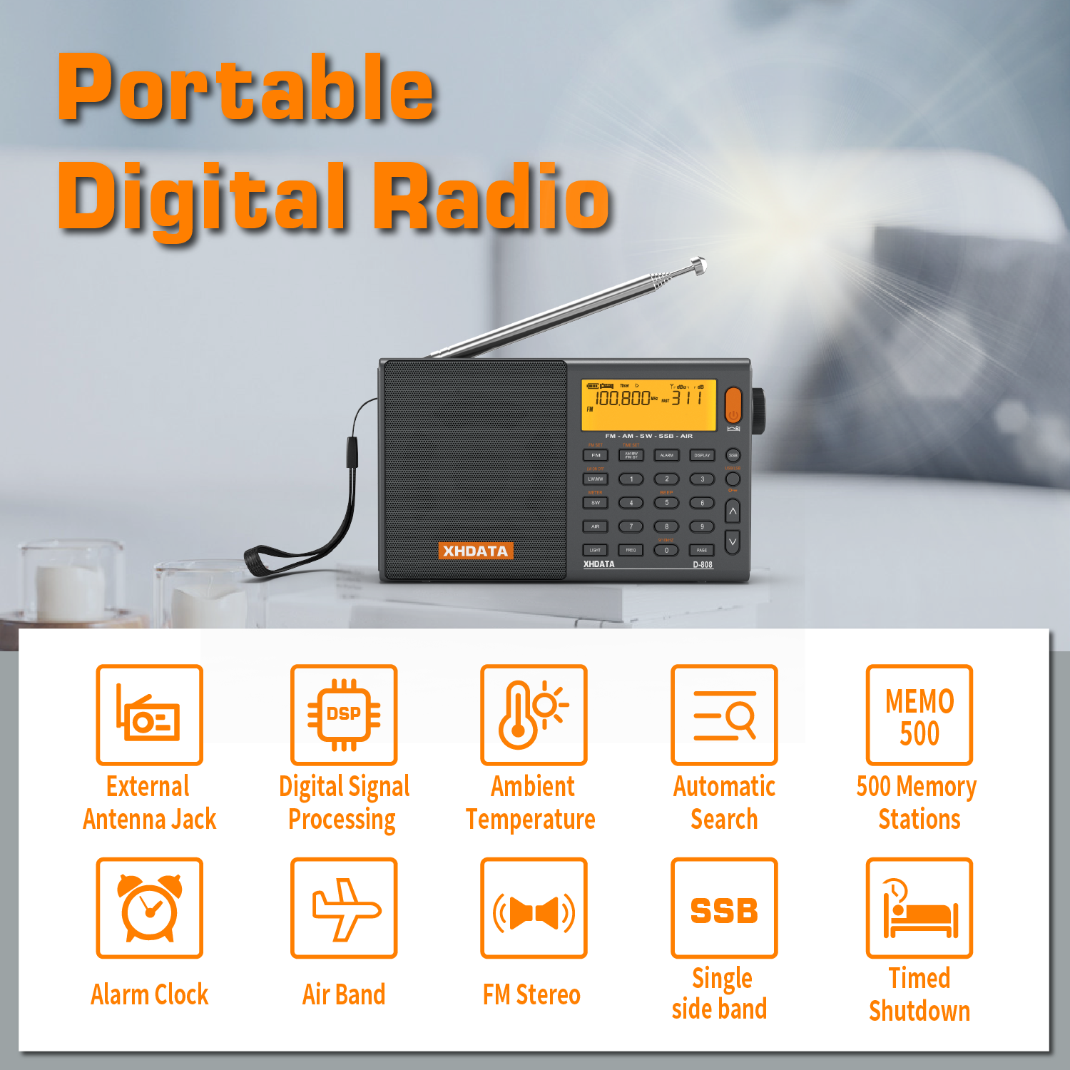 XHDATA D-808 AM/FM/SW/MW SSB AIR RDS フルバンドポータブルラジオ