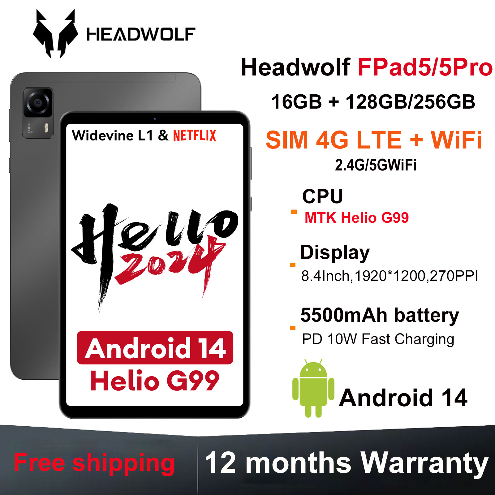 HEADWOLF FPad5/Pro Android 14 tablet 8.4 inch Max 16GB Ram 128GB
