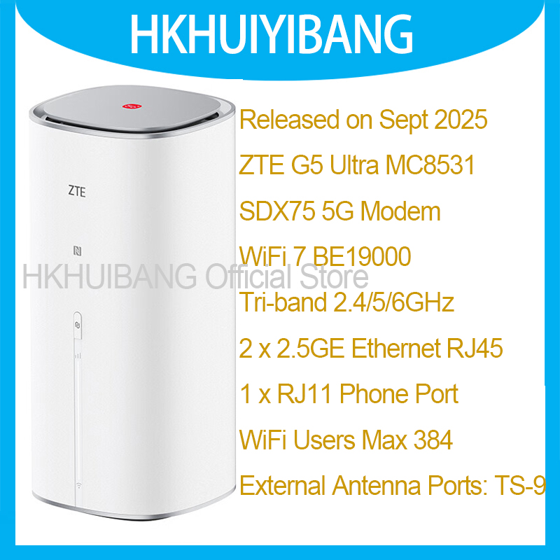 2025 ZTE 5G AI CPE G5 Ultra MC8531 WiFi 7 BE19000ルーター デュアル
