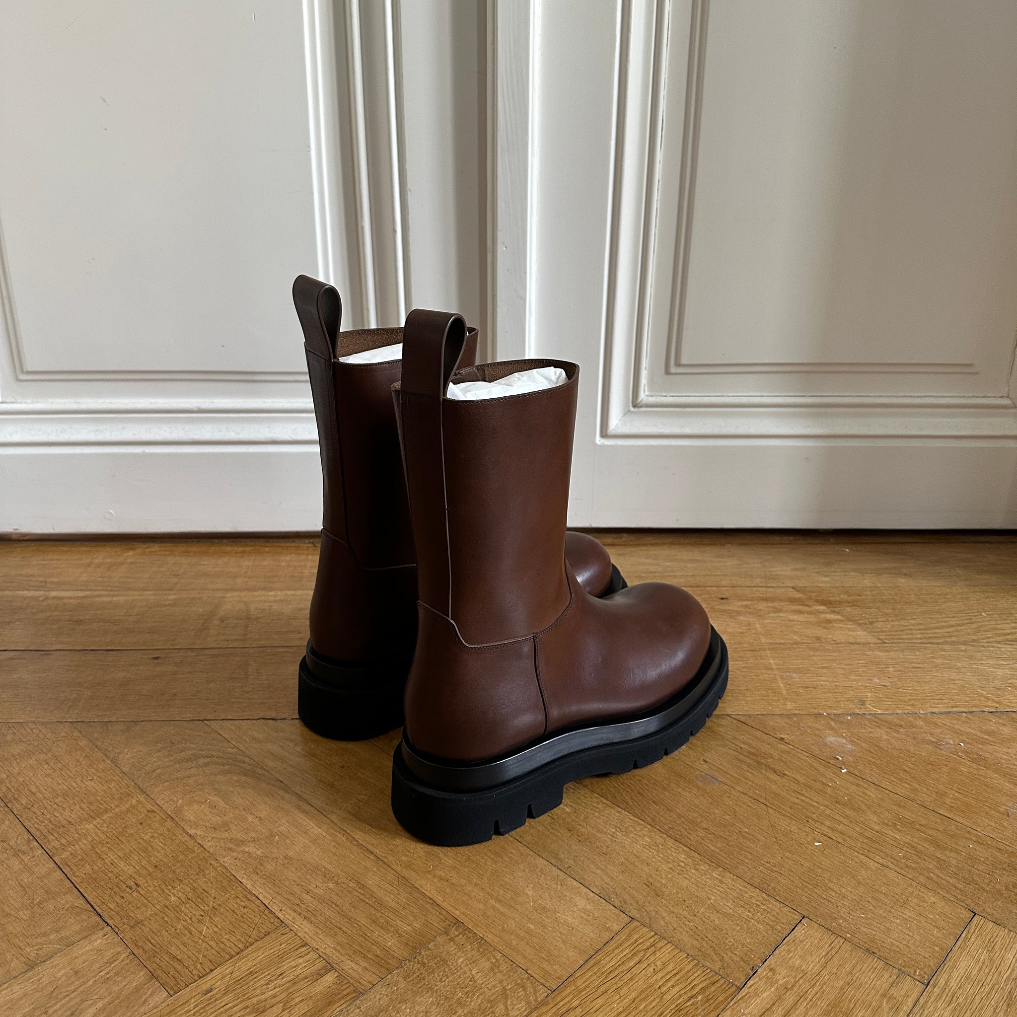 Bottega Veneta Chestnut Zip Leather Lug Boots - Ākaibu Store
