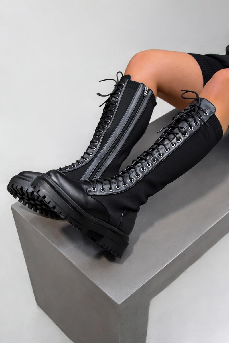 DESTRUCTION Lace Up Midi Boots - Black – AJ VOYAGE