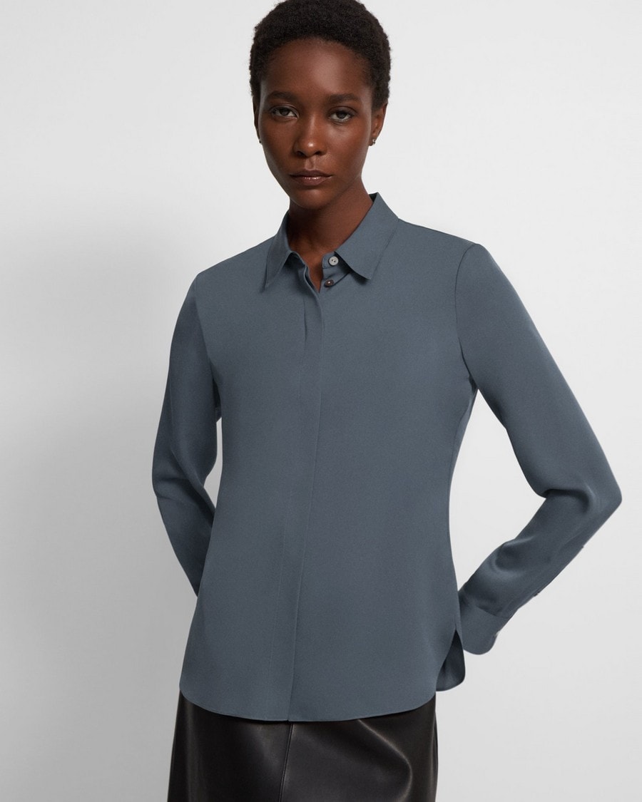 Blue Silk Georgette Fitted Shirt | Theory Outlet