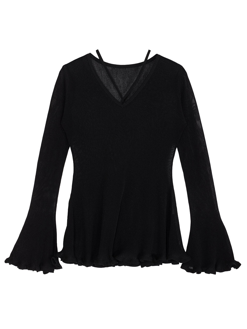 SHEER FRILL V NECK KNIT TOP