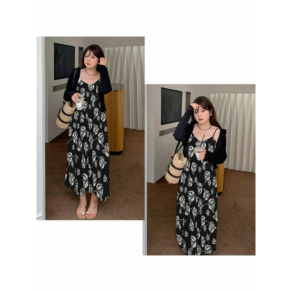 サマーニットカーディガンと花柄キャミワンピースのセットアップ