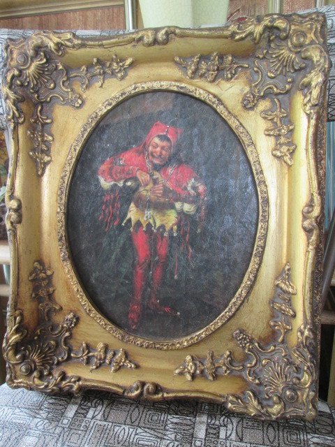 Very Old 19世紀 アンティーク絵画油彩 Antique道化師