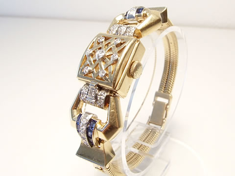 ブルーサファイアアールデコブローチ（ダイヤモンド、カリブレカット）